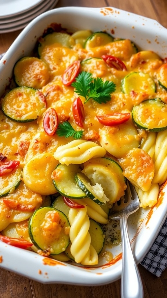 A cheesy zucchini and potato casserole with layers of vegetables, garnished with parsley, in a rustic baking dish.